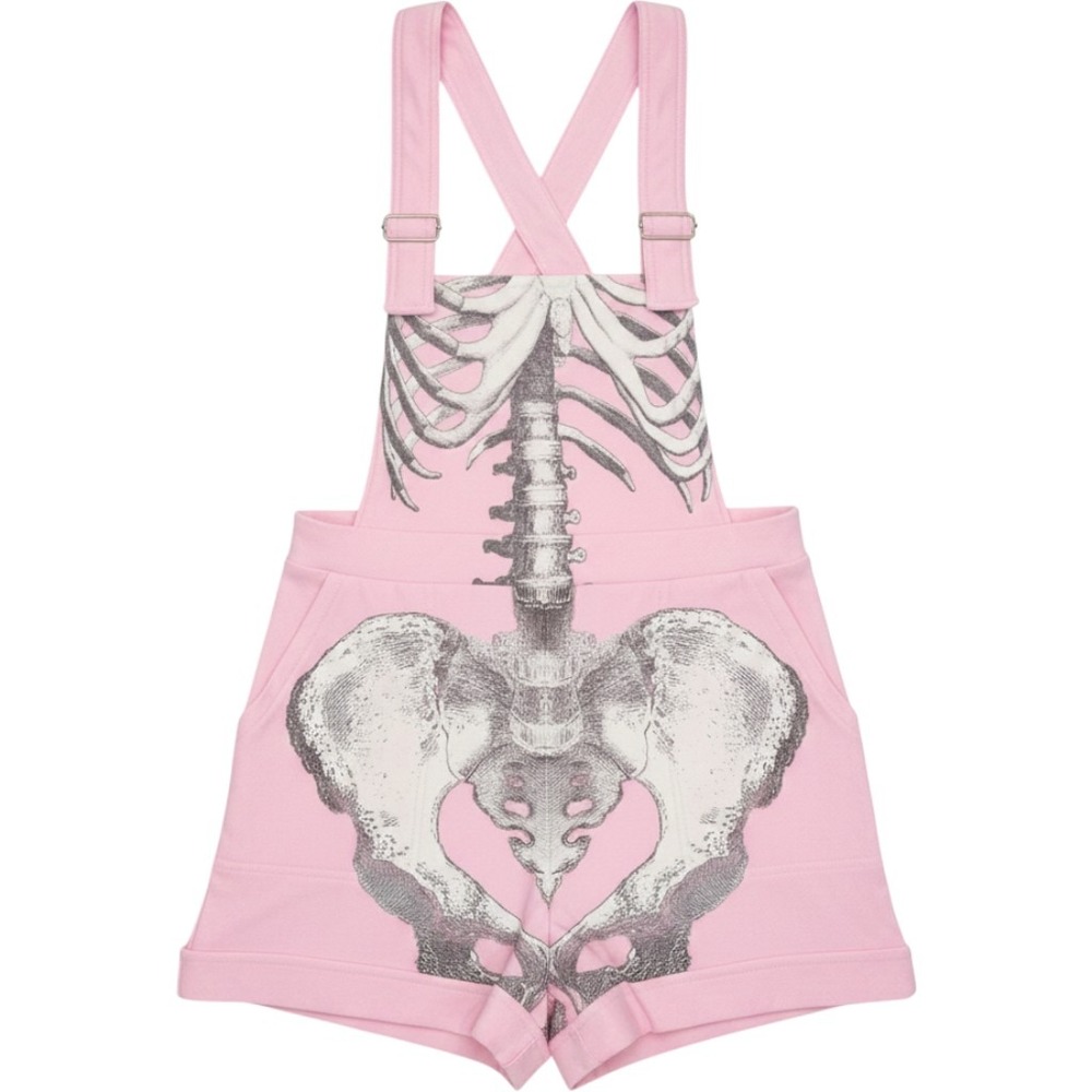 BlackMilk Pink Skeleton Short Overalls Ribcage Pelvis Graphic Dungarees Medium